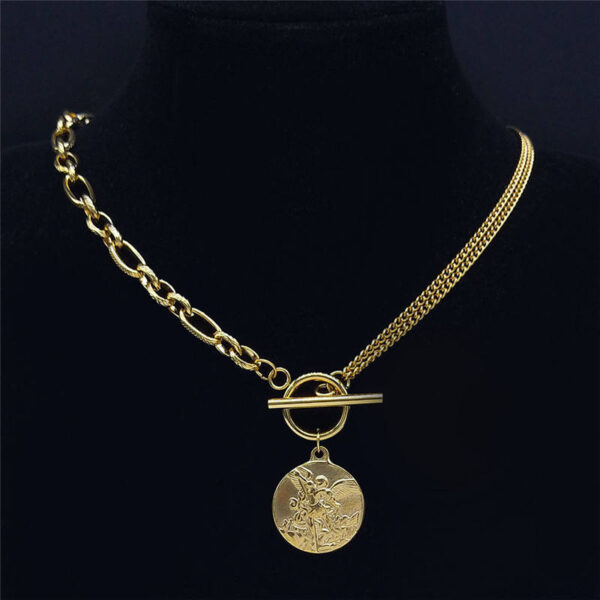 KOMI 18K Gold Plated Stainless Steel Choker Necklace Geometric Circle Round Religious Emboss Medal Pendant Necklaces for Men