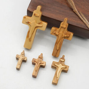 KOMI Natural Olive Wood Cross Carved Jesus Relief 2cm to 4.5cm Jerusalem Wooden Rosary Necklace Cross Pendant for Jewelry Making