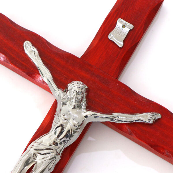 Christian Family Pray Wooden Cross Silver Metal Jesus Crucifix Standing Decoration Ornament Cross