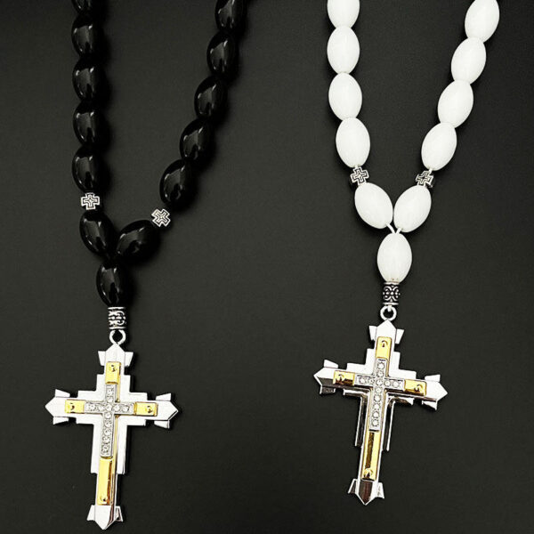 Dreamwork Rosaries Two-tone Paved Crystal Rhinestone Cross Pendant Necklace Glass Beads Rosary for Men Jewelry Gifts Car Parts