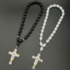 Dreamwork Rosaries Two-tone Paved Crystal Rhinestone Cross Pendant Necklace Glass Beads Rosary for Men Jewelry Gifts Car Parts