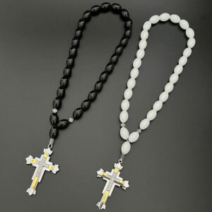 Dreamwork Rosaries Two-tone Paved Crystal Rhinestone Cross Pendant Necklace Glass Beads Rosary for Men Jewelry Gifts Car Parts