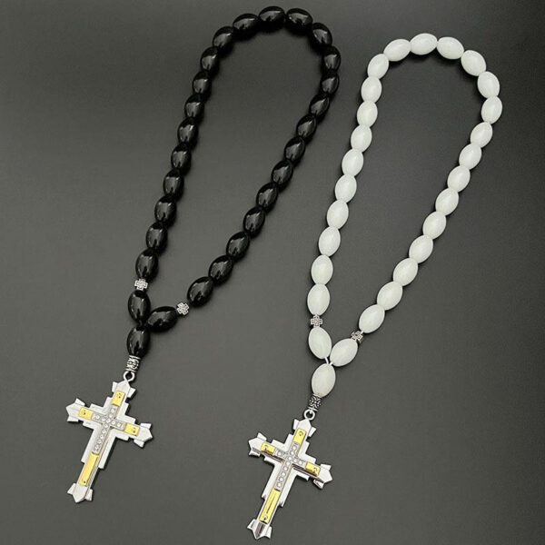 Dreamwork Rosaries Two-tone Paved Crystal Rhinestone Cross Pendant Necklace Glass Beads Rosary for Men Jewelry Gifts Car Parts