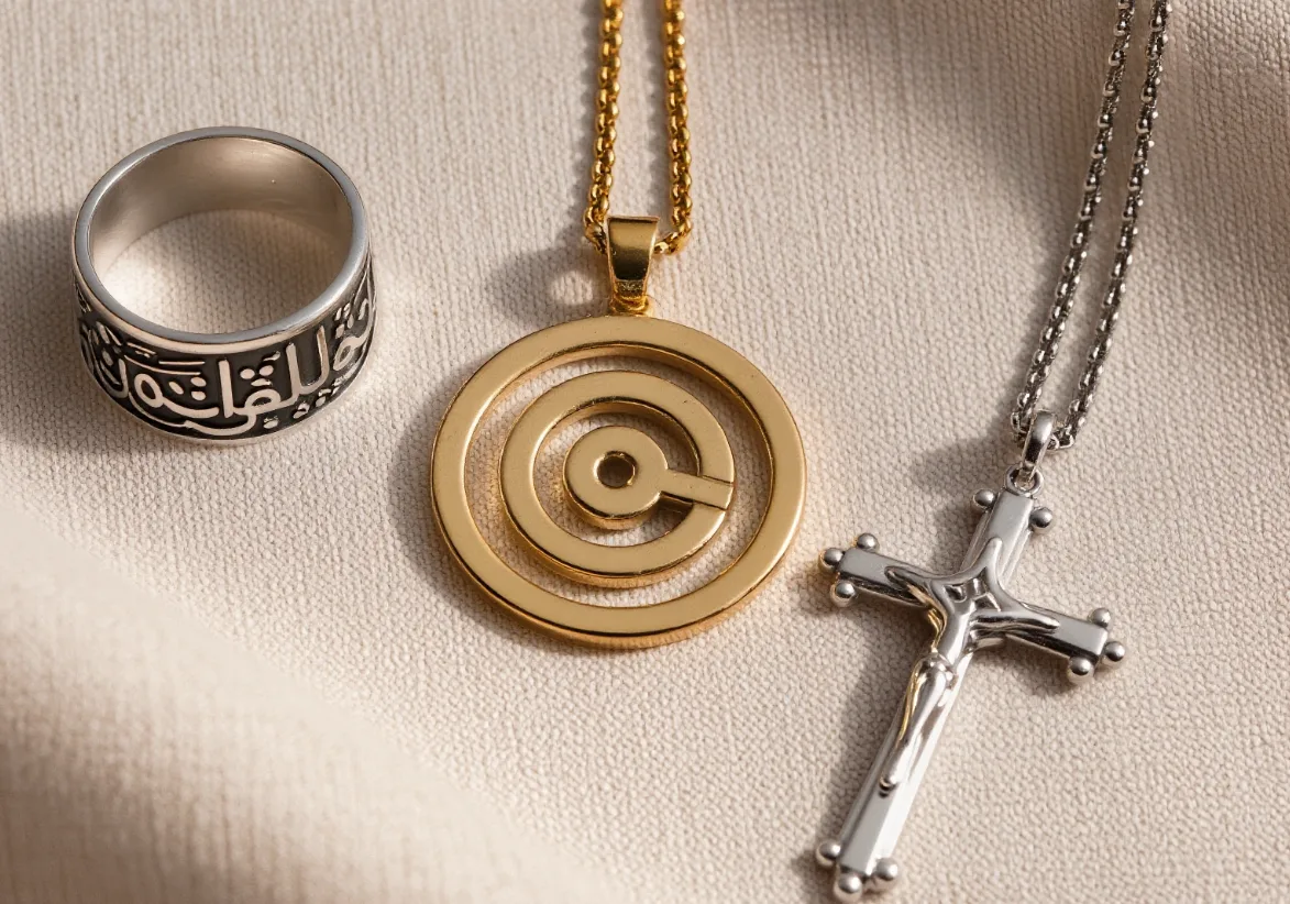 A minimalist flat-lay photo on soft beige linen showing three correctly rendered religious jewelry pieces: a right-facing Buddhist swastika (卍) brass pendant, a silver ring with Arabic “Bismillah” script written right-to-left (not encircling the band), and a simple empty cross necklace for Protestant tradition.
