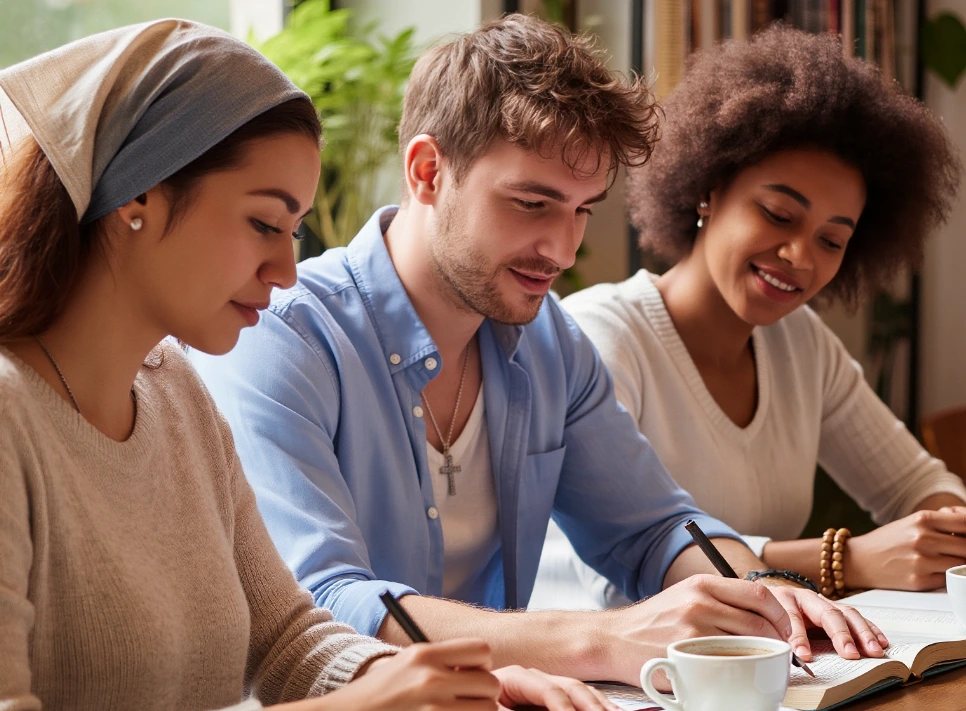 studying together at a sunlit café, showcasing quiet, everyday faith through modest jewelry.