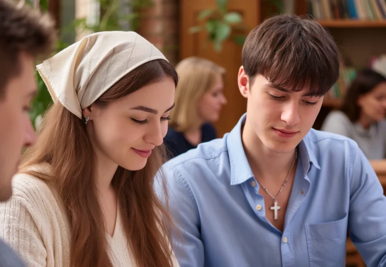 Candid lifestyle shot of three young adults—a woman in a hijab, a man with a subtle cross under his shirt collar, and a person wearing a mala bracelet—studying together at a sunlit café, showcasing quiet, everyday faith through modest jewelry.