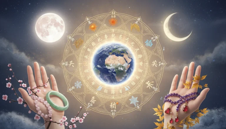 An artistic illustration showing the connection between lunar phases, the 24 Solar Terms, and spiritual jewelry: full moon and new moon flank a central Earth surrounded by seasonal symbols, while hands hold rose quartz, jade, amethyst rosaries, and garnet pendants aligned with spring, summer, autumn, and winter—symbolizing how ancient astronomical wisdom guides when to wear energy jewelry for balance and intention.