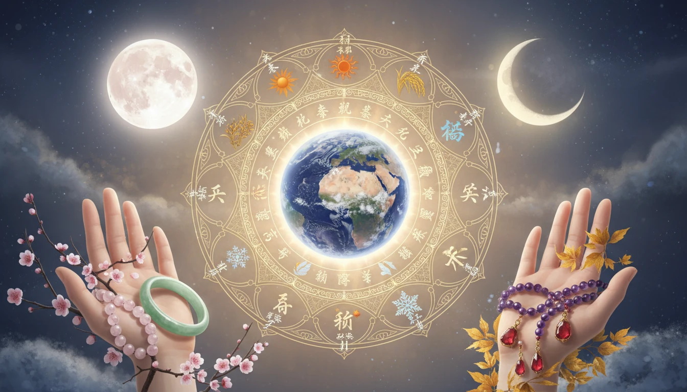 An artistic illustration showing the connection between lunar phases, the 24 Solar Terms, and spiritual jewelry: full moon and new moon flank a central Earth surrounded by seasonal symbols, while hands hold rose quartz, jade, amethyst rosaries, and garnet pendants aligned with spring, summer, autumn, and winter—symbolizing how ancient astronomical wisdom guides when to wear energy jewelry for balance and intention.
