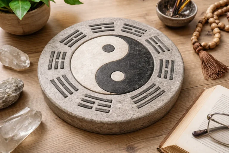 A stone Yin-Yang and Bagua trigram disc on a wooden table, surrounded by crystals, incense, prayer beads, a potted plant, and an open book with reading glasses — symbolizing traditional Chinese metaphysics, Feng Shui, and spiritual practice