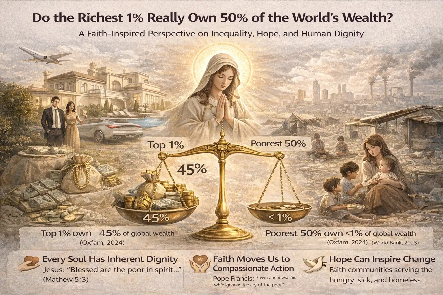 the richest 1% of the global population owns nearly half of the world’s wealth. According to Oxfam’s 2024 report Inequality Inc., as of late 2023, the top 1% held approximately 45% of global wealth, while the poorest 50% owned less than 1%
