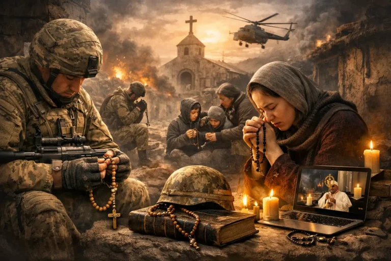 soldiers and civilians praying with rosaries in war zone, symbol of faith, hope, and spiritual resilience during conflict