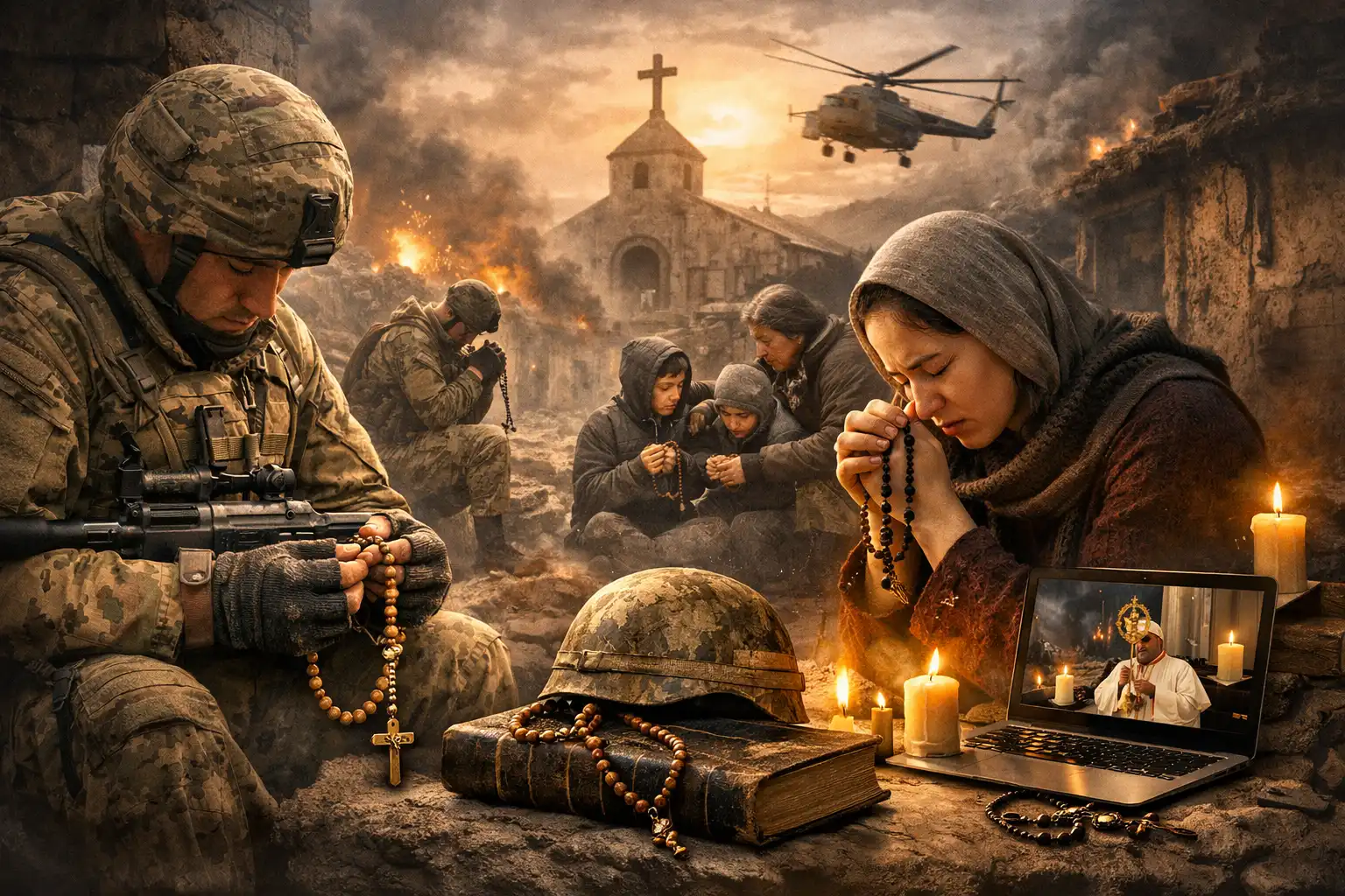 soldiers and civilians praying with rosaries in war zone, symbol of faith, hope, and spiritual resilience during conflict