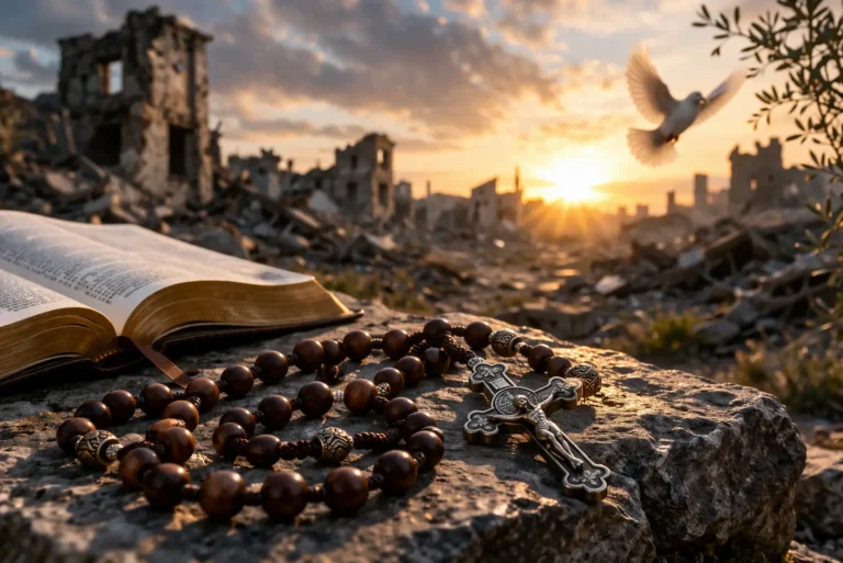 A cinematic wide image of a rosary resting on stone beside an open Bible at sunrise, with distant ruins and a flying dove symbolizing hope and inner peace in contrast to a war-torn environment.