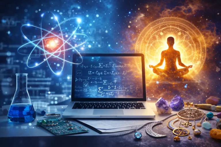 A digital composite showing the convergence of science and metaphysics: a laptop with quantum equations, crystals, symbolic jewelry, a meditating figure, and scientific imagery representing the fusion of consciousness and physical reality.