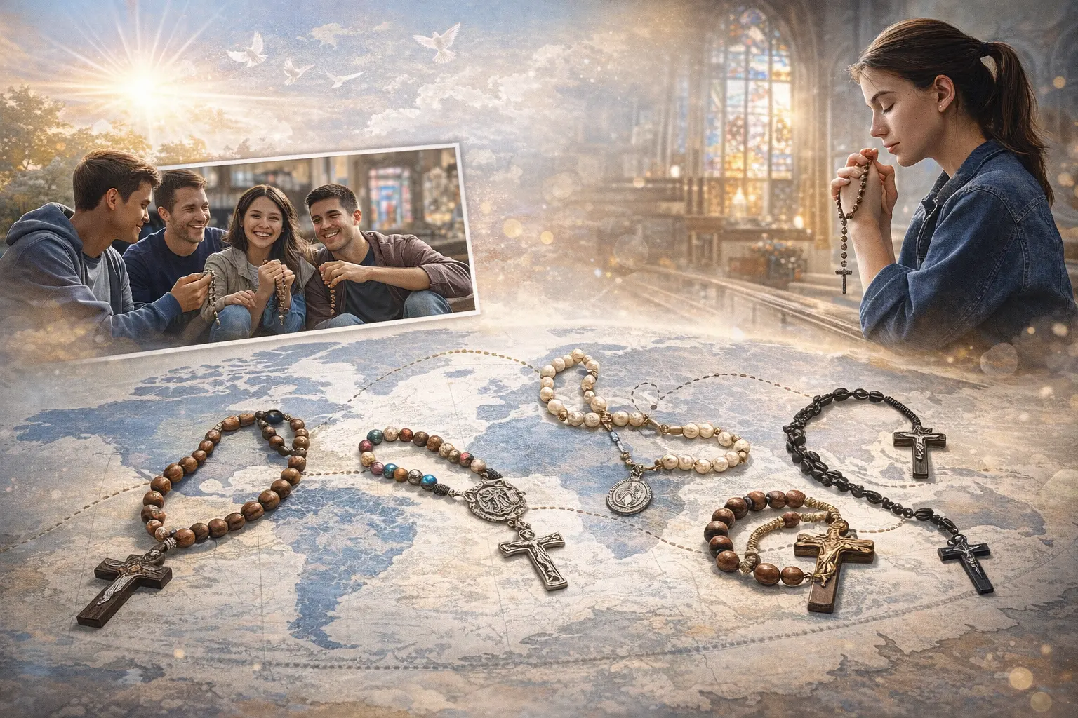 A young woman prays with a wooden rosary in front of a glowing cathedral, while a group of smiling friends holds rosaries together in an inset photo. Multiple rosaries—made of wood, beads, pearls, and metal—are arranged on a world map, symbolizing the global spread of the rosary devotion among Catholic youth. Doves fly in a radiant sky, representing peace and the Holy Spirit. The image illustrates the modern resurgence of traditional prayer in digital and communal contexts.